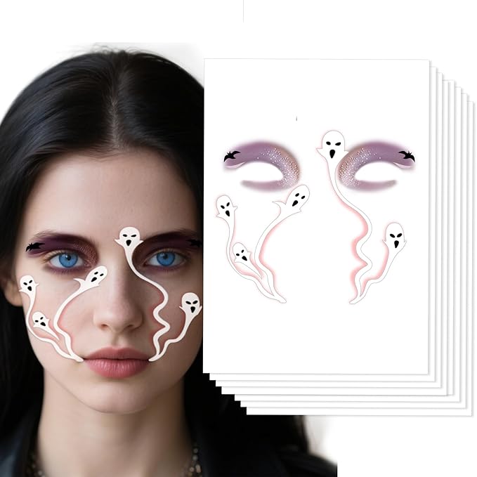 Halloween Face Tattoos, Cute Halloween Face Tattoo, Face temporary Tattoos Stickers, Funny Tattoos with Ghost & Bat,Face Makeup Tattoo Stickers for Halloween Cosplay Party DIY Decorations - 8Pcs