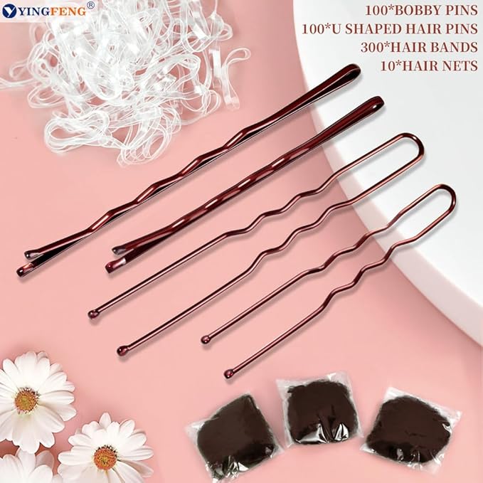 510PCS Brown Bobby Pins Hair Pins Kit with Hair Net, YINGFENG Includes 100 Bobby Pins for Women, 100 U-Shaped Buns Hair Clips, 300 Hair Bands and 10 Brown Hair Nets, Dance competition must haves