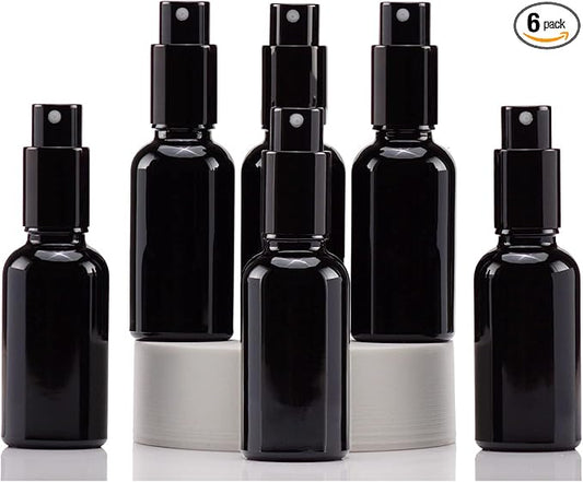 YIZHAO Black Glass Spray Bottles 1oz, with Small Fine Mist Spray, Metal Cap, Refillable for Essential Oil,Travel,Cleaning,Perfume,Aromatherapy,Makeup – 6 Pcs