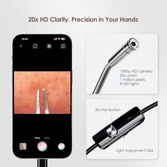 Visual Blackhead Remover Tweezers with Camera - 20x Magnification Pimple Popper Tweezers, with 2* Curved Comedone Extractor, Professional Pimple Acne Blemish Removal Tools Kit (6 Pcs Kit)