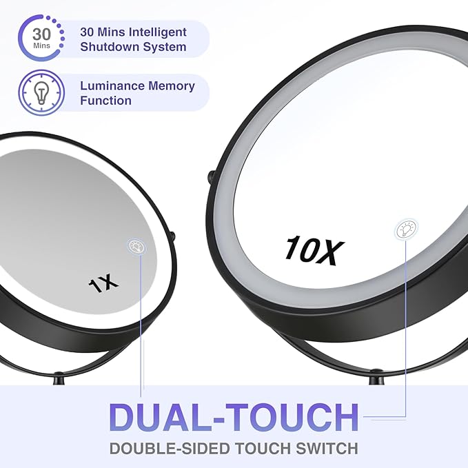 Rechargeable Wall Mounted Makeup Mirror, 8.5 inch Double-Sided 1/10x Magnifying Bathroom Mirror with 3 Color Lights, Lighted Vanity Mirror with 2-Touch Screen Dimming & Luminance Memory