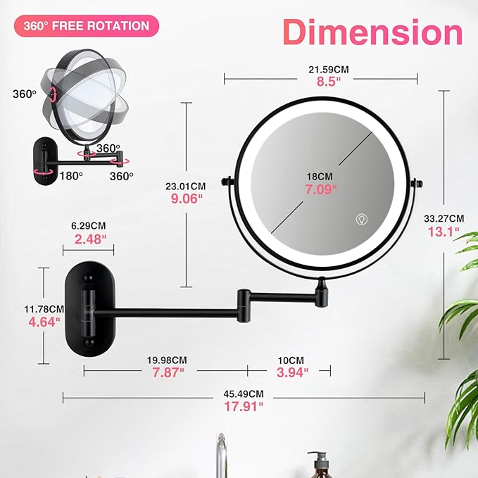 Magnifying Mirror with Lights 1x/15x Rechargeable: 8.5 inch Wall Mounted Lighted Makeup Mirror for Bathroom