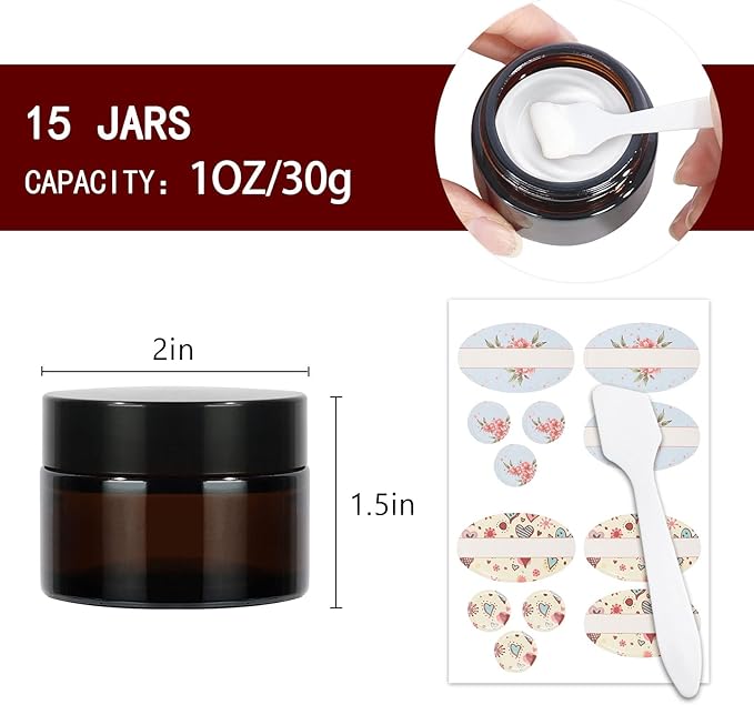 15 Pack 1 oz Empty Amber Glass Jars, 30ml Round Refillable Cosmetic Container Storage Jars with Inner Liners and Black Lids,Perfect Travel Jars for Cosmetics,Face Cream Lotion and More Beauty Products