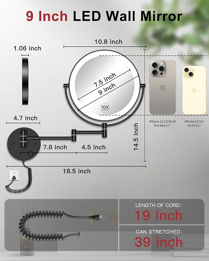 Gospire 9” Wall Mounted Lighted Magnifying Mirror, 1X/10X Magnification Double-Sided LED Bathroom Mirror, 3 Color Lights & Stepless Dimming with Touch Sensor, Extendable Arm 360° Swivel for Shaving