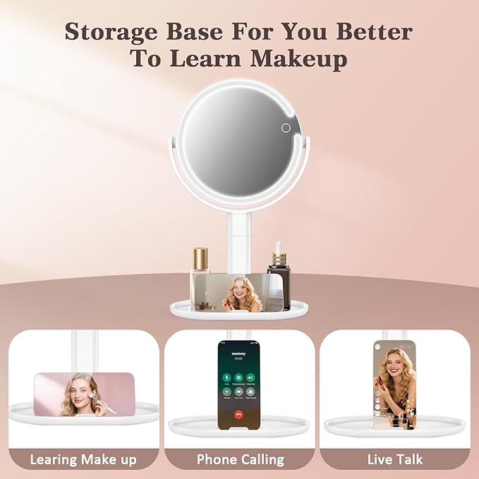 15X/1X Lighted Magnifying Mirror, 4000mAh Rechargeable Makeup Mirror with 3 Level LED Light, 360° Rotation 2 Sided Vanity Desk Mirror, Dimmable Adjustable Height Table Makeup Mirror Phone Stand
