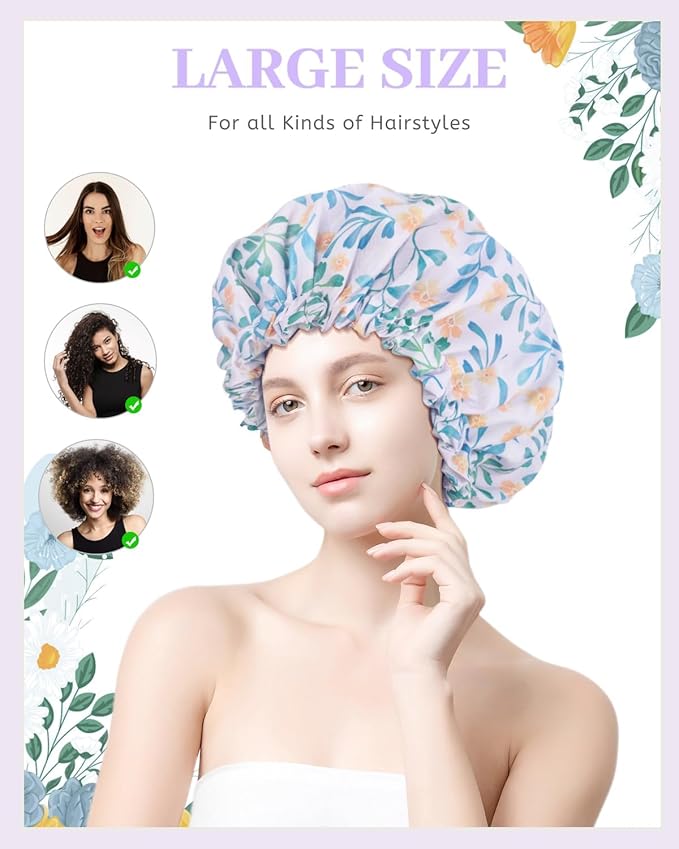 Aquior Shower Caps, Double Layer Waterproof Shower Cap for Women, Reusable Large Shower Cap for all Hair Lengths with EVA Lining, Soft Bath Shower Caps