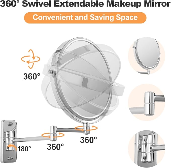 9" Magnifying Wall Mount Makeup Vanity Mirror,1x/7x Double-Side Makeup Mirror with Magnification,Swivel Extendable Shaving Face Mirror for Bathroom, Wall Mirror for Chrome