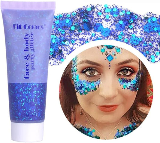 Blue Face & Body Glitter Gel - Mermaid Sequins Lip Eye Nails Hair Festival Rave Accessories, Liquid Holographic Chunky Glitter, 50g
