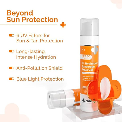 The Derma Co 1% Hyaluronic Sunscreen Aqua Gel with SPF 50 & PA++++ | Broad Spectrum UVA/B & Blue Light Protection | Lightweight & Quick Absorbing with Vitamin E | 1.76 Oz/50g