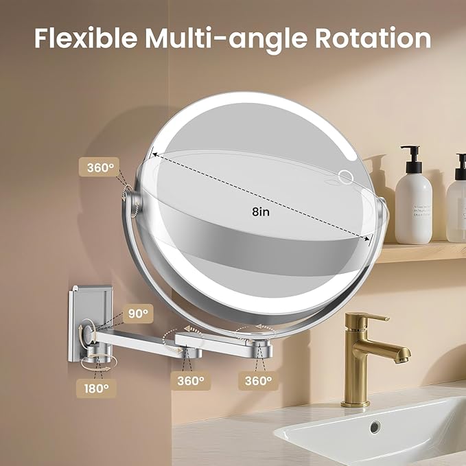 Wall Mounted Lighted Makeup Mirror - 8" Rechargeable Double Sided 20X/1X Magnifying Vanity Mirror with 3 Color Lights, Touch Dimmable, 360° Swivel & Extendable Arm for Women
