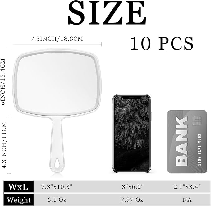 Qunclay 10 Pcs Large Hand Mirror Handheld Mirror with Handle Wall Mount for Barber Bathroom Portable Beauty School Gift for Vanity Makeup Home Salon Travel Use(7.3'' W x 10.3'' L,White)