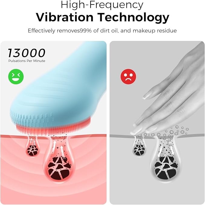 Facial Cleansing Brush Face Scrubber - Rechargeable Electric Face Cleansing Brush with 4 LED Gentle Light Liquid Silicone Modes Exfoliator,IPX7 Waterproof Ideal Gift for Men and Women-Blue