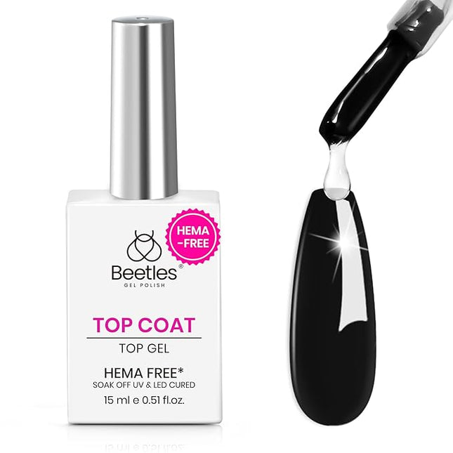 Beetles HEMA Free Gel Top Coat, 15ml No Wipe Top Coat Gel Nail Polish Clear Color Glossy Shine Nail Protection Long Lasting Soak Off Nail Lamp