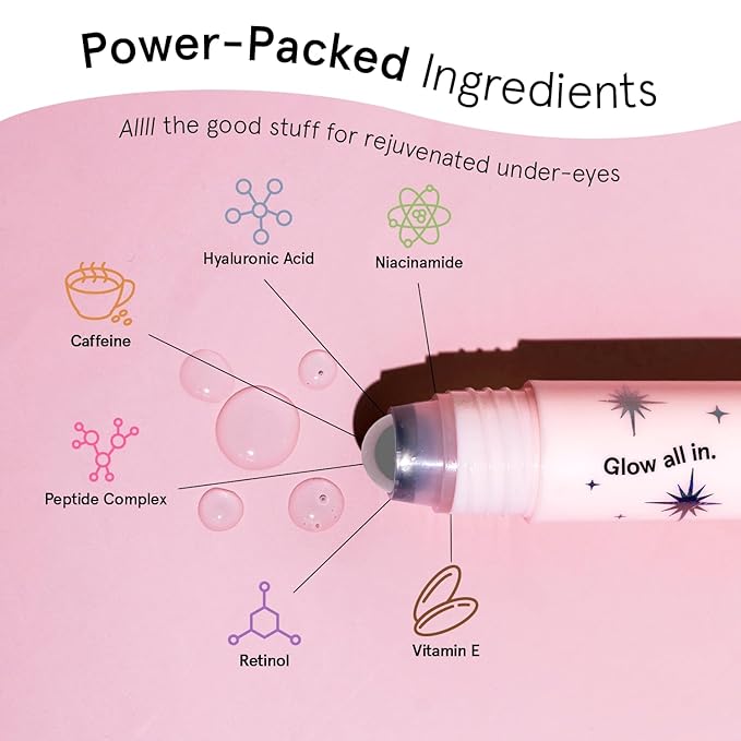 grace & stella Under Eye Brightener Roller - Airplane Travel Essentials - Travel Size Toiletries - Retinol & Caffeine Eye Serum for Puffiness, Dark Circles, Wrinkles - Vegan Skincare (15ml / 0.51floz)