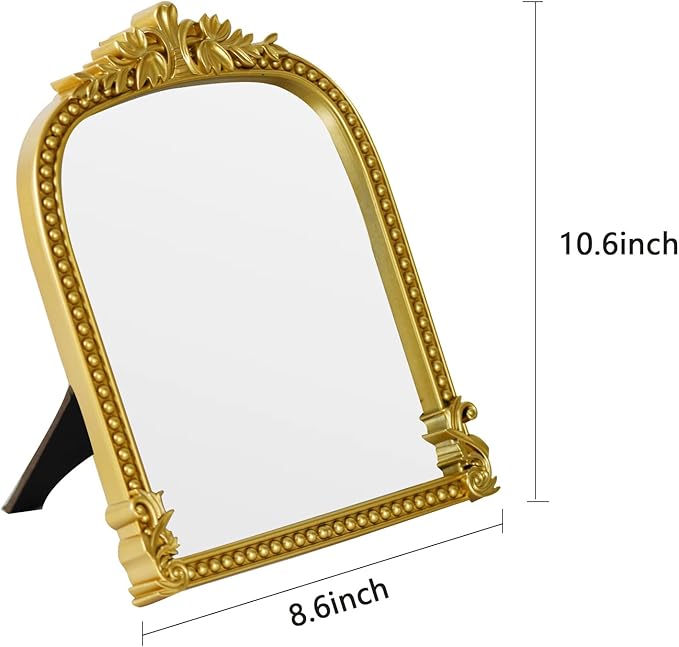 Gold Plastic Arched Makeup Mirror, Standing, Hanging or Wall Mount, Bathroom, Living Room, Bedroom Gold Decorative Mirror (10.6 * 8.6 inch)