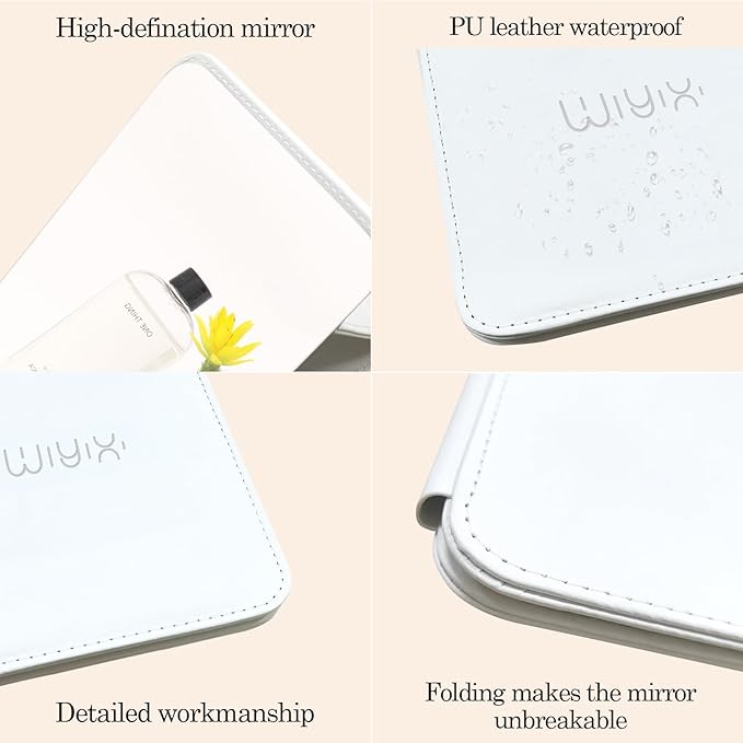 Foldable Travel Makeup Mirror, Adjustable Angle Portable Standing Vanity Mirror, Compact PU Leather Design for Home/Camping/Desktop Use,Elegant White(8.4"x6")