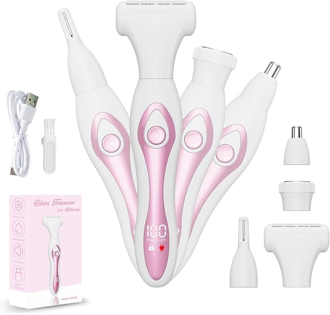 RUIM Electric Razors for Women, 4-in-1 Painless Bikini Trimmer, Rechargeable Wet/Dry Use Shaver with LED Display, Pink