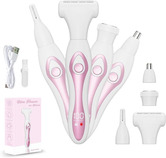 RUIM Electric Razors for Women, 4-in-1 Painless Bikini Trimmer, Rechargeable Wet/Dry Use Shaver with LED Display, Pink