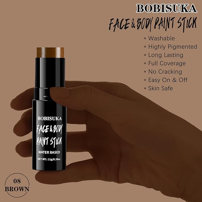 BOBISUKA Brown Face Body Paint Stick Washable Water-Based Face Paint Makeup Stick for Halloween, Skeleton, Skull, Camo, Hunting, Cosplay, SFX, Sports Eye Black & Costume Party