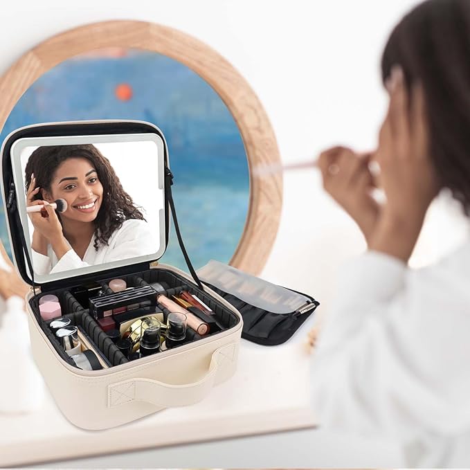 Travel Makeup Bag with LED Mirror Travel Makeup Organizer with 3 Lighted Settings, Adjustable Dividers and Makeup Brush Storage Bag White