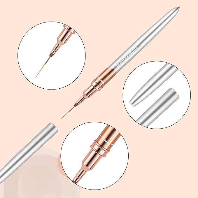 Liner Brush for Nails, 6Pcs Thin Nail Art Brushes Professional Nail Detail Brush for Gel Polish Sizes 5/7/9/11/15/25mm (Silver and Golden)