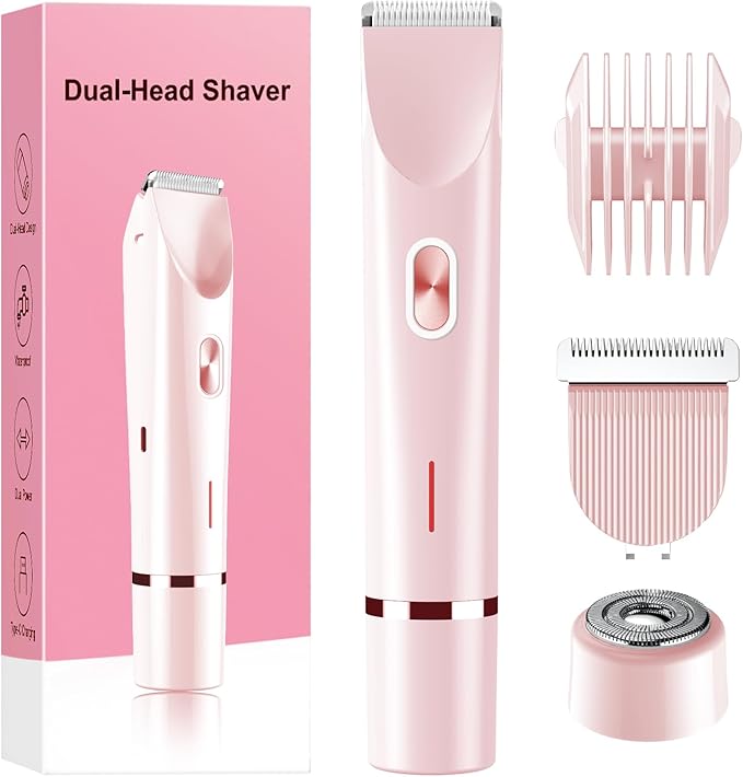 Bikini Trimmer for Women Electric Razors for Women, Double Head Dual Purpose, IPX7 Waterproof Hair Razor, Ceramic Blade Hair Trimmer Wet & Dry Use, Painless Electric Shaver for Facial and Body（Pink）
