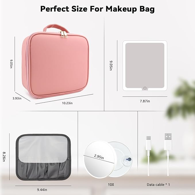 Travel Makeup Bag with LED Mirror and 10x magnifying glass with 3 Lighted Settings, Adjustable Dividers and Makeup Brush Storage Bag Pink