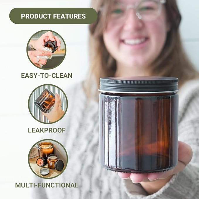 Glass Amber 16oz Jar - 12 Packs, Empty Round Jars For Beauty Products, Lotion, and Powders - Black Lid - Small Candle Jars