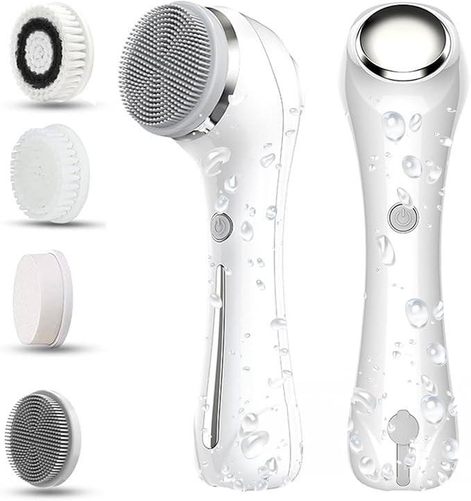 Facial Cleansing Brush, 2 in 1 Ｗaterproof IPx7 Facial Spin Scrubber Set with 4 Brush Heads, Rechargeable Exfoliating Face Brush Deep Cleansing, Gently Exfoliate and Remove Blackhead