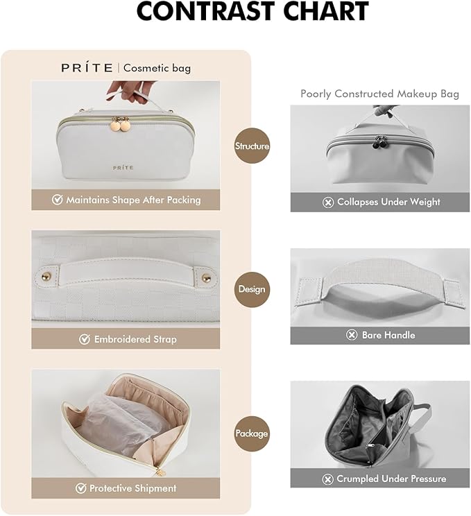 Prite Makeup Bag for Women Travel Waterproof Vegan Leather Cosmetic Bag Open Flat Toiletry Bag With Clear Divider and Handle (Plaid Beige)