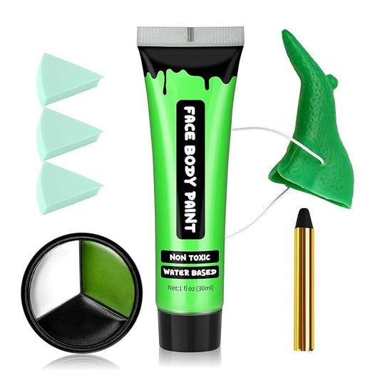 AIUEO 7PCS Green Face Paint with Fake Nose White Black Face Body Paint, Halloween Makeup Kit for Witch Monster Hulk SFX Makeup Cosplay Party