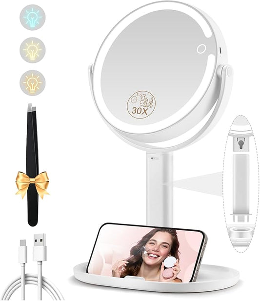 Makeup Mirror with Lights, Double Sided 1x/30x Magnifying Mirror with Light, Rechargeable 3 Color Lights and Adjustable Brightness, 360° Rotation Detachable Comes with Tweezer(White 30X)
