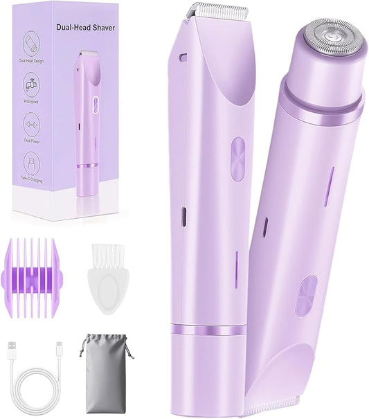 Dermave Bikini Shaver, 2 in 1 Dual Head Bikini Trimmer & Body Shaver, Pain-Free Electric Trimmer for Women, IPX7 Waterproof Wet & Dry, Ceramic Blade, Purple