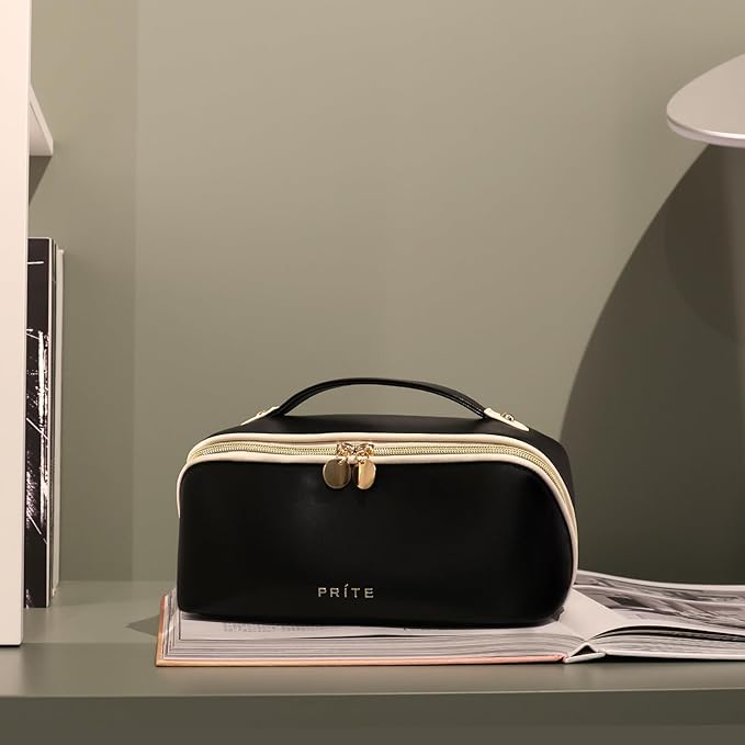 Prite Makeup Bag for Women Travel Waterproof Vegan Leather Cosmetic Bag Open Flat Toiletry Bag With Clear Divider and Handle (Black)