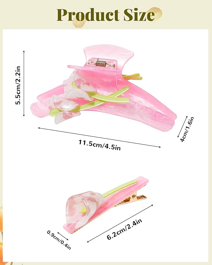 ACECHA Tulip Flower Acrylic Hair Clip Set, 6 Piece Large Claw Clips & No Crease Hair Clips for Thin and Thick，Non-Slip Hair Grip Hairclips for Makeup, Salon, Strong Hold Jaw Clamps (Pink & Green)