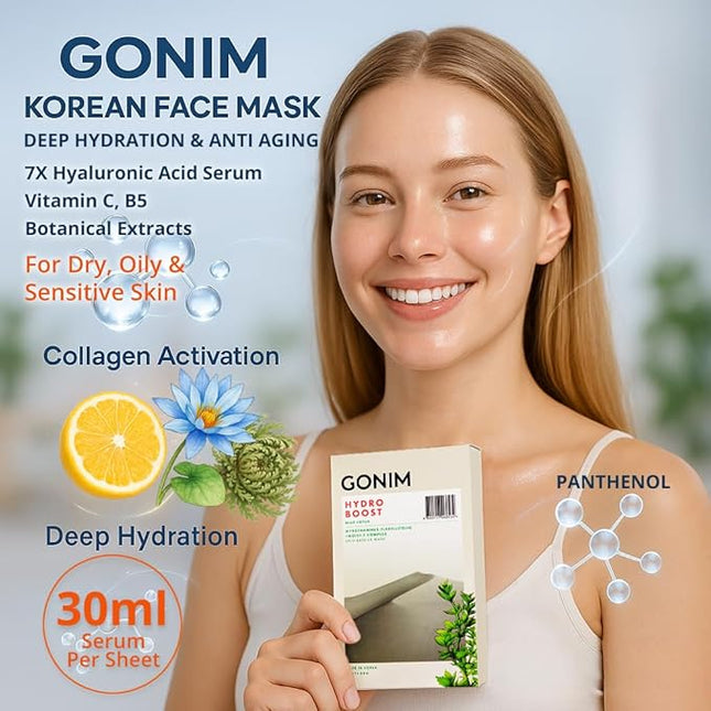 GONIM Face Mask Korean Skin Care with Hyaluronic Acid Serum & Collagen Activation, Hydrating Face Masks Skincare with Vitamin C, Moisturizing Sheet Mask for All Skin, Korean Face Mask 20 Sheets
