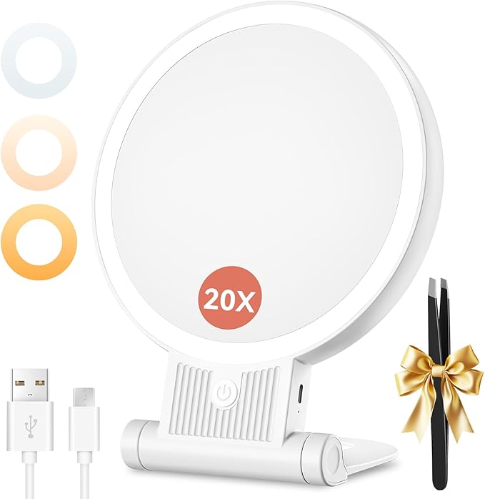 1X/20X Magnifying Mirror with Light, Double Sided Makeup Mirror with Adjustable 3 Color Light, 2000mAh Rechargeable Lighted Magnifying Mirrors with Tweezer, Foldable Travel Mirror with Rotation