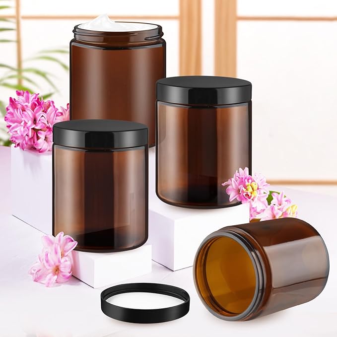 8 Pcs Amber Glass Cream Jar Refillable Empty Cosmetic Storage Bottle Sample Container Pot with Black Lids for Make Up Lotion Face Cream - 270ml/9oz