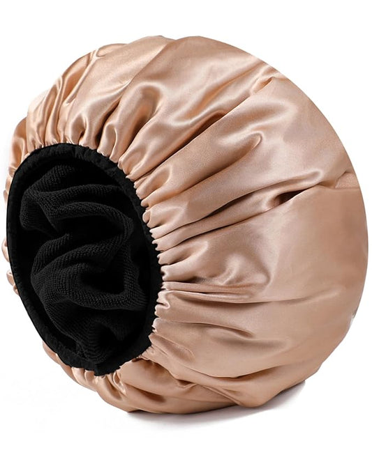 YIZIJIZI Triple Layer Reusable Waterproof Shower Cap for Women Large Terry Lined Hair Cap for Long Thick Hair Travel Bath Care khaki