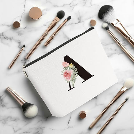 Personalized Makeup Bag, Initial Letter A Makeup Bag for Women Rose Monogram Cosmetic Bags Toiletry Pouch, Monogrammed Gifts for Women Mom Grandma Sister Friends Thanksgiving Christmas Birthday Gift
