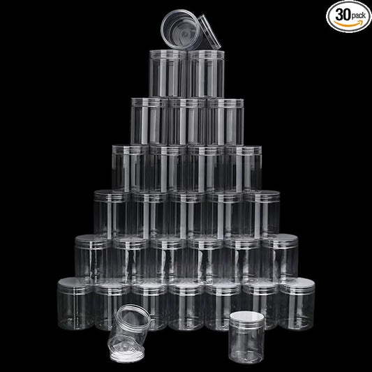 30 Packs 8 oz (250 ml) Clear Plastic Jars with Lids, Cosmetic Containers jars with Wide-Mouth for slime, beads, rhinestones, sequins Cosmetics, Lotion, Cream, Ointments and More