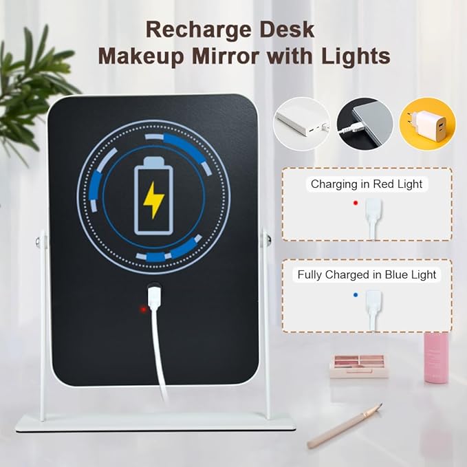 Rechargeable LED Vanity Mirror with Lights,11"×9" Small Desk Makeup Mirror with Lights,Smart Touch with 3-Color Lighting,Dimmable,for Birthday Gifts for Women,Home Dorm Decor