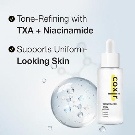 Coxir TXA Niacinamide Toning Ampoule –Tranexamic Acid for Visible Tone & Clarity | Mild, Lightweight Korean Serum with Niacinamide, Cica & Panthenol | Daily Tone-Refining Formula [1.69fl.oz]