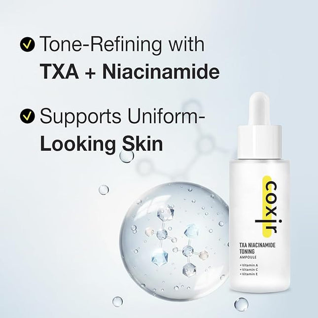 Coxir TXA Niacinamide Toning Ampoule –Tranexamic Acid for Visible Tone & Clarity | Mild, Lightweight Korean Serum with Niacinamide, Cica & Panthenol | Daily Tone-Refining Formula [1.69fl.oz]