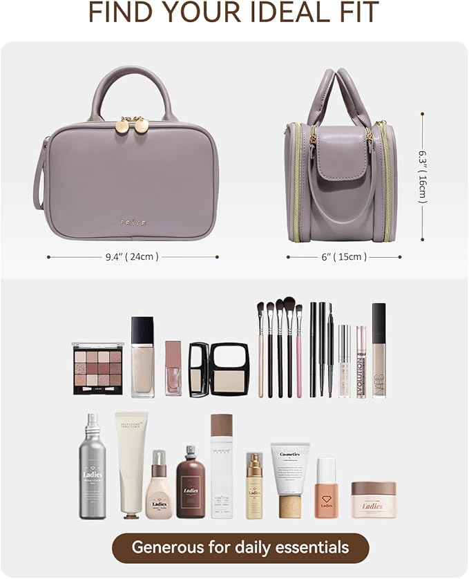 Prite Makeup Bag for Women, Large Capacity Waterproof Travel Cosmetic Organizer, Portable Open Flat Toiletry Bag with Free-standing Brush Holder and Handle(Purple Meidum)