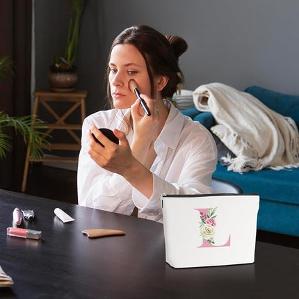 Pink Monogram Makeup Bag, Initial L, Cosmetic Bag Personalized Travel Organizer Bags Makeup Pouch, Monogrammed Gifts for Women Girls Friend Sisters Bestie Bridesmaid Wedding Bridal Shower Gifts