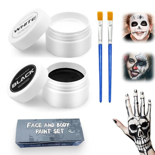 Goth White Foundation Black Red Face Body Paint, 2025 Halloween Decorations Makeup for Body Face, 50ML Halloween Decor Painting Kit with Brushes, Halloween Makeup for Skeleton Ghost (White + Black)