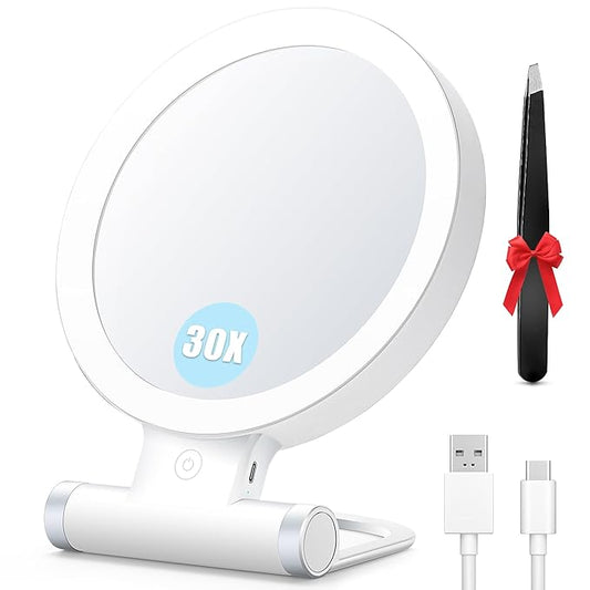 MIYADIVA 30X Magnifying Mirror with Light, Double Sided Makeup Mirror with Lights, Touch Switch Vanity Mirror with 3 Color, Adjustable Portable Travel Mirror