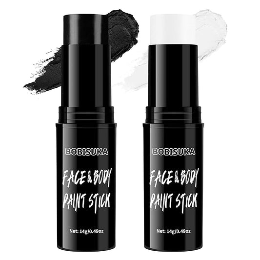 BOBISUKA Black & White Face Body Paint Stick Eye Black Sticks for Football Sports Water Based Face Painting Kit Quick Drying Foundation Makeup for Halloween Clown Skeleton Vampire Cosplay SFX Costume