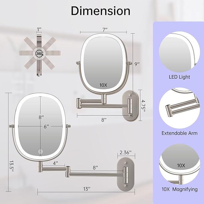 FUNTOUCH Rechargeable Wall Mounted Lighted Makeup Mirror, Oval Double-Sided Mirror 1X/10X Magnifying Wall Mounted,3 Color Lights Touch Screen Dimmable 360°Swivel 13 Inch Extendable